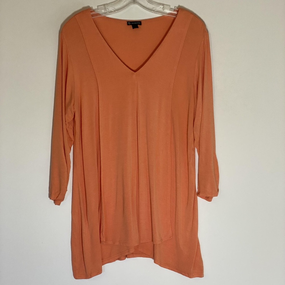 New Directions Top Womens Large Apricot Tunic V Neck 3/4 Sleeve High Low Hem